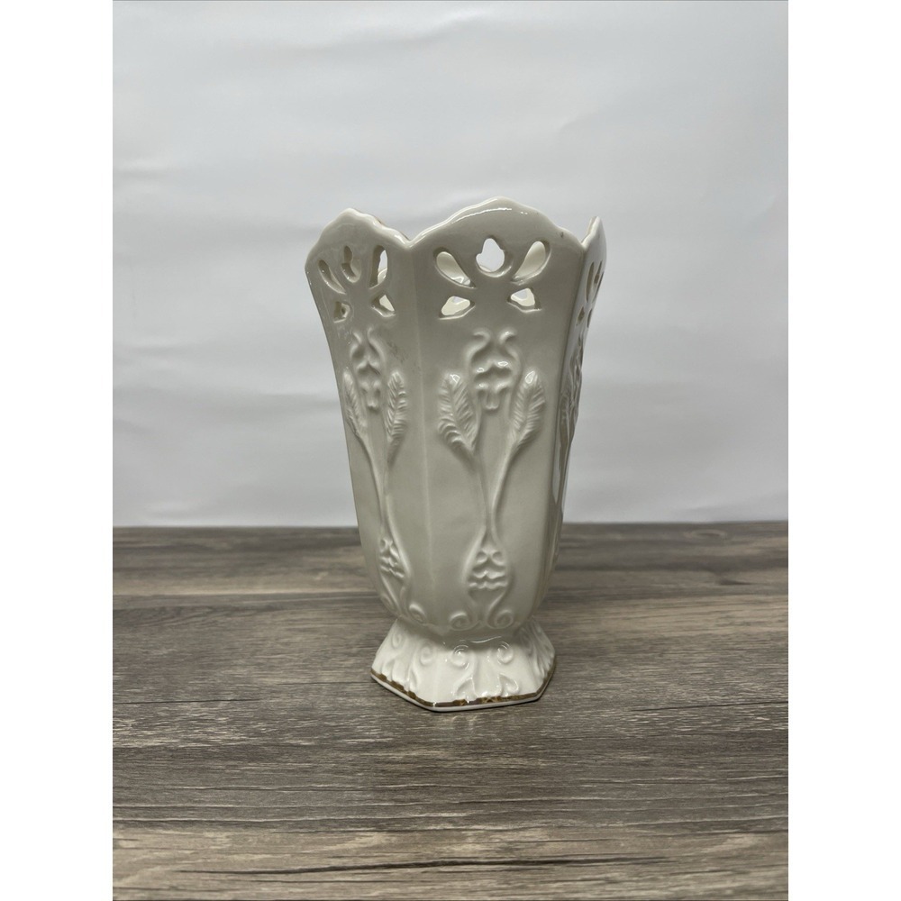 Papel Freelance Ceramic Vase Cream Reticulated Cutout Gold Rim Hexagon 7.25 inch